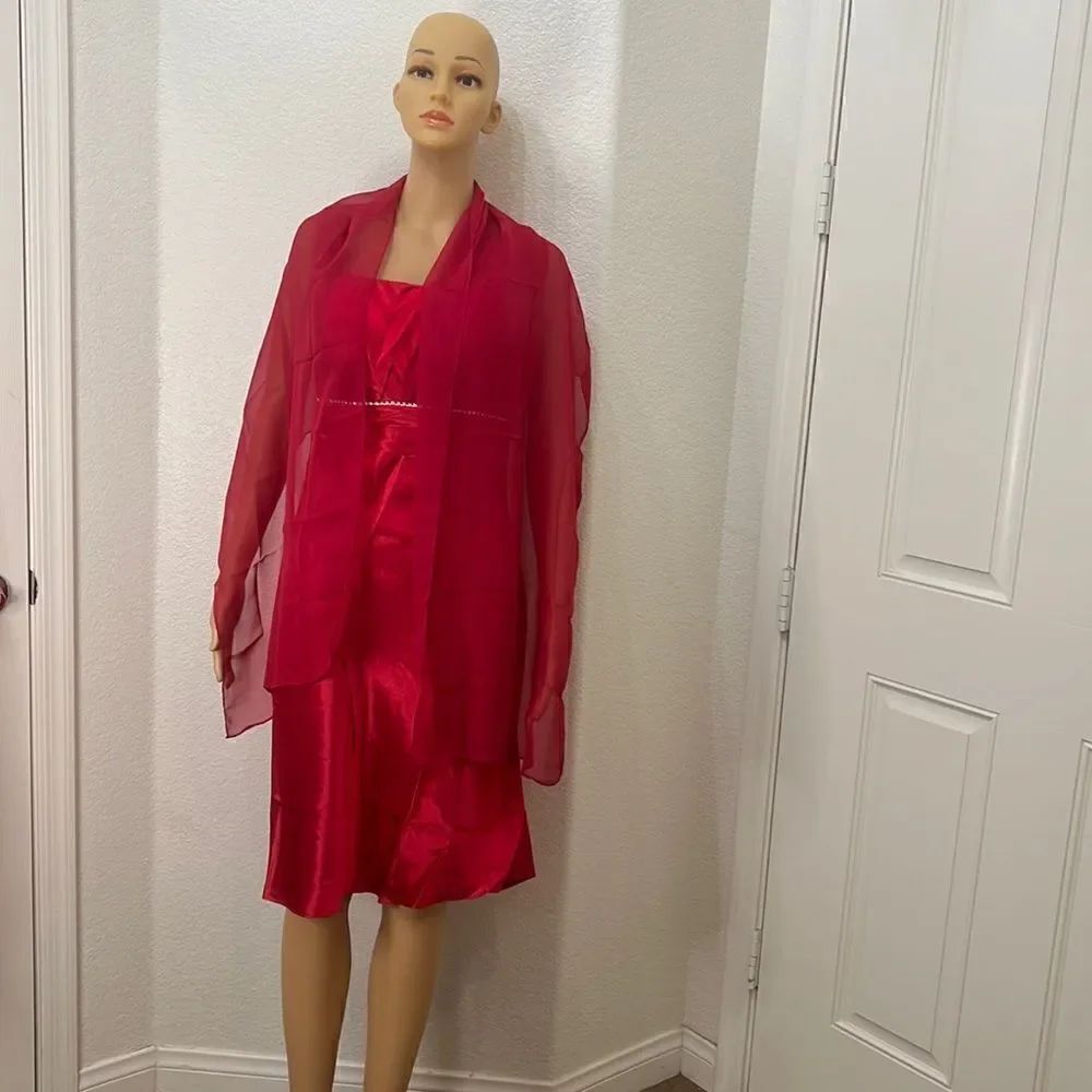 Rhinestones Red Wedding Dress Bridesmaid Devil Costume Handmade Matching Scarf